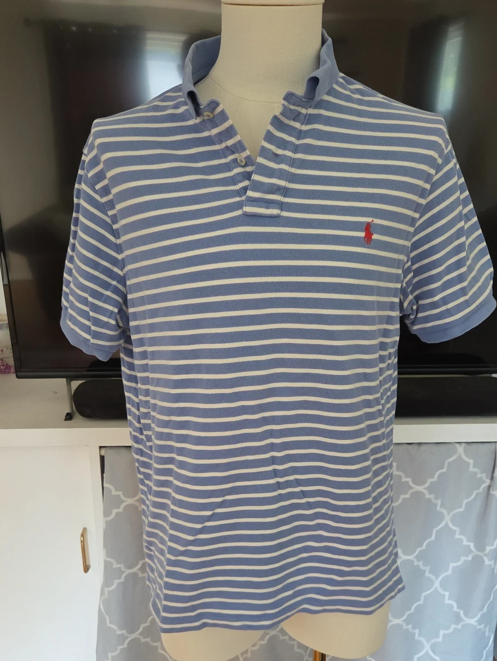 Polo by Ralph Lauren Blue & White Striped Polo with Red Pony